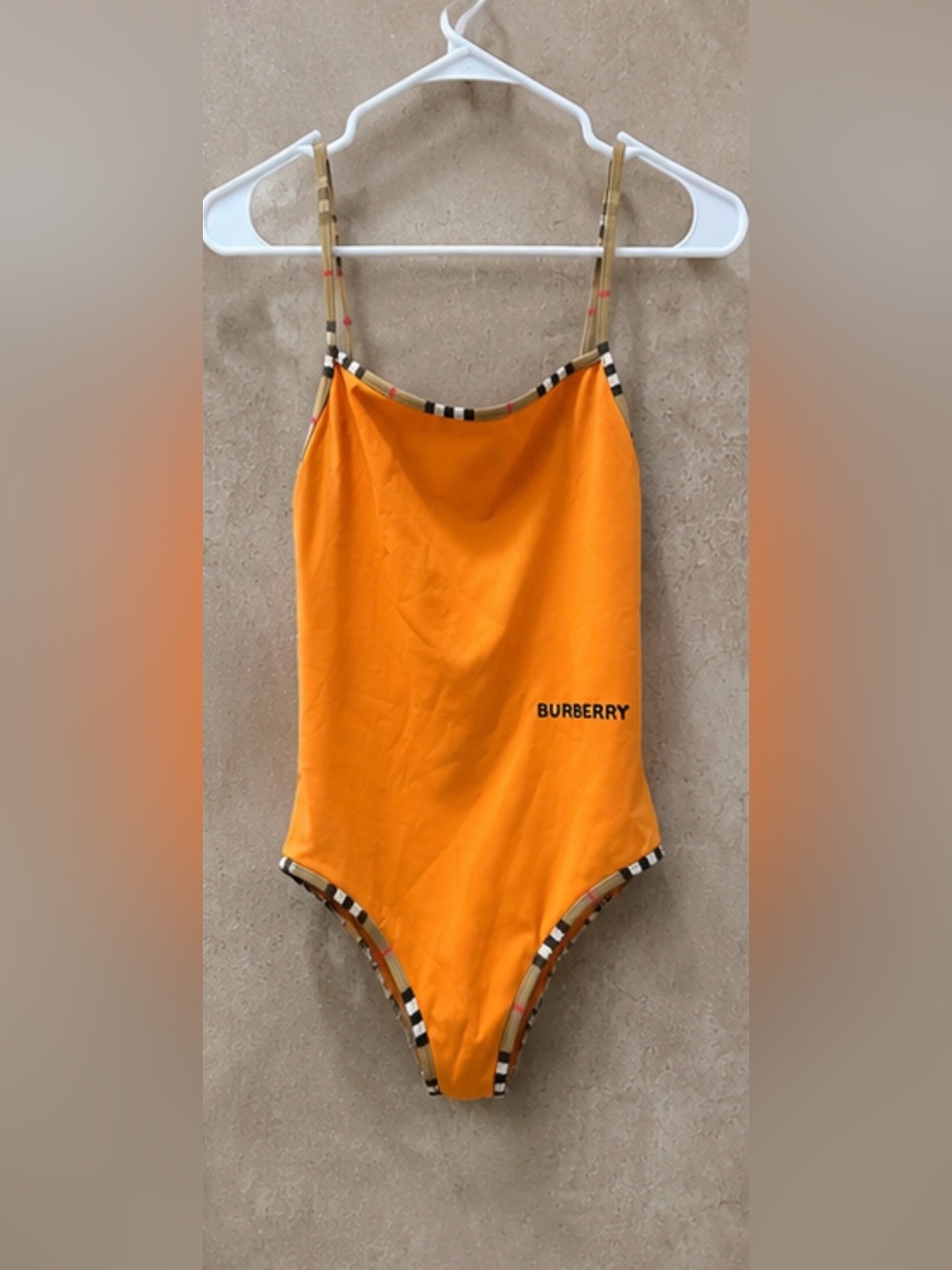 Burberry Orange One-Piece with Check Trim